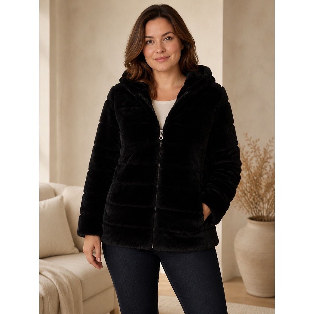 Carmen Marc Valvo Black Faux Fur Zip Jacket Size XL